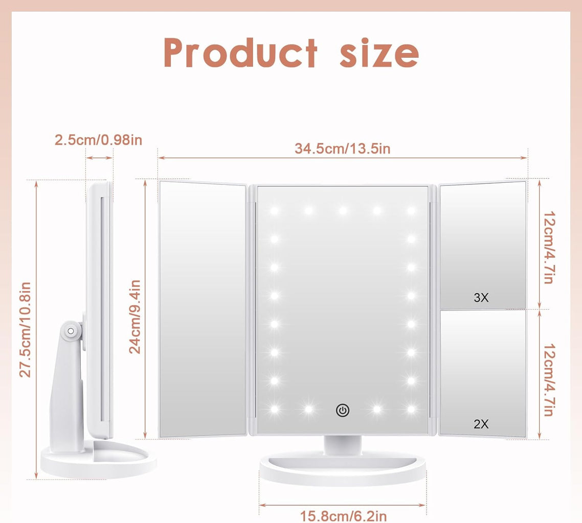 LED Lighted Makeup Vanity Mirror - Touch Screen, 3x Magnification &amp; Adjustable Rotation