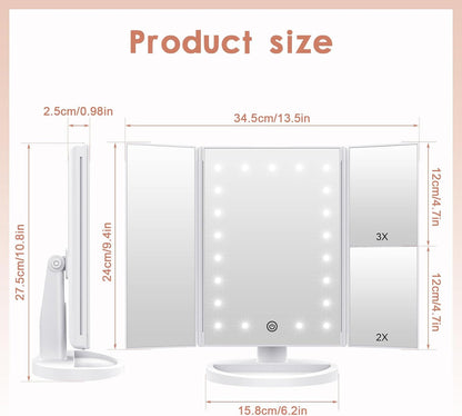 LED Lighted Makeup Vanity Mirror - Touch Screen, 3x Magnification &amp; Adjustable Rotation